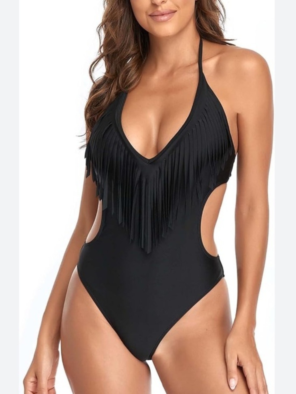 La Vie En Rose Black Tassel Cutout One-Piece Swimsuit